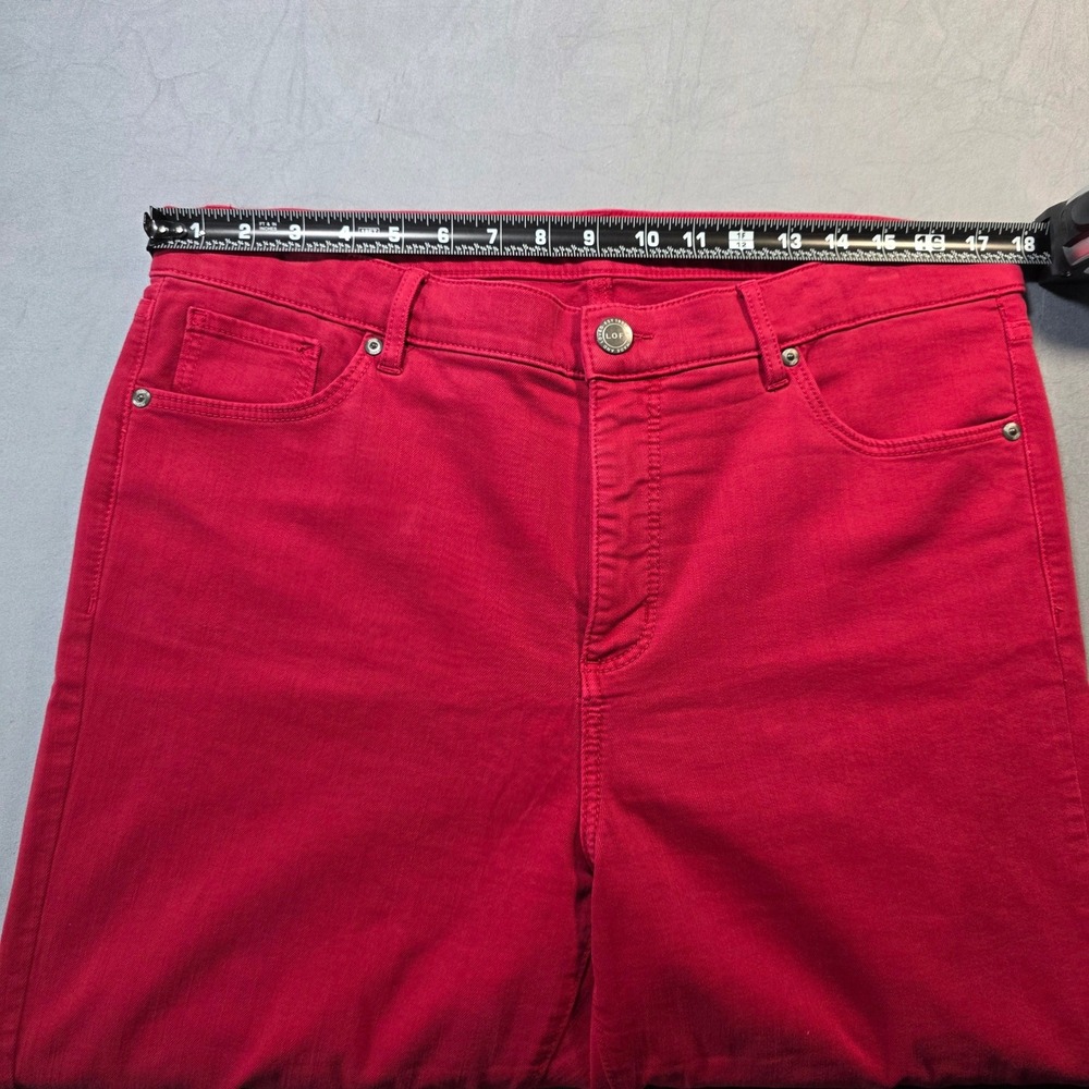 LOFT Red/Pink Skinny Jeans Raw Fringe Hem High Rise Size 14 (32) Slim Denim - Picture 2 of 11